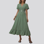 Green V-Neck Smocked Dress