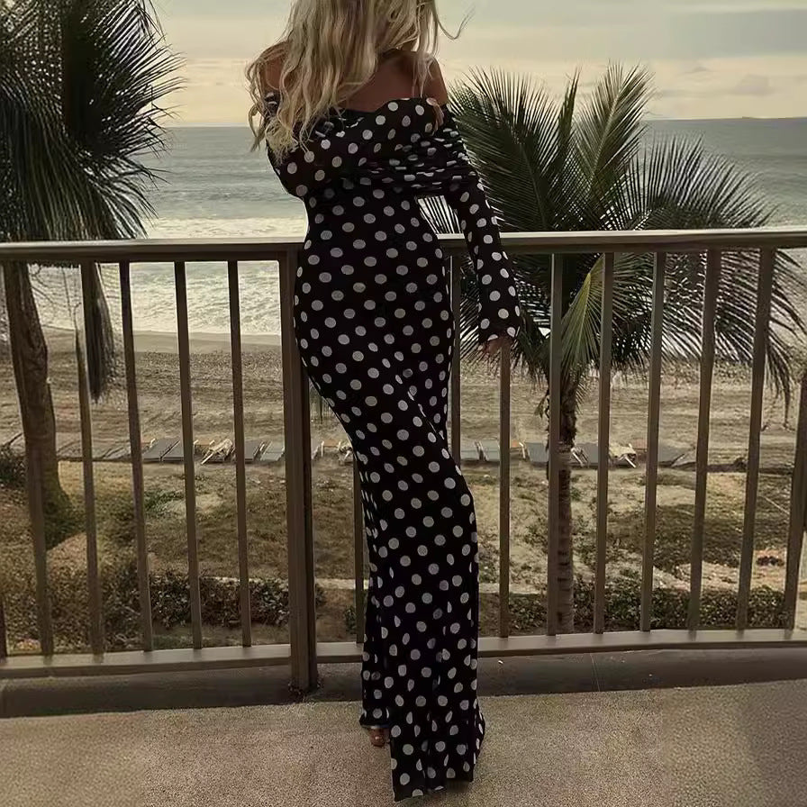 Gauze Polka Dot Stitching Off-Shoulder Slim Dress