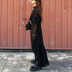 Sheer Lace Long Sleeve A-Line Maxi Dress
