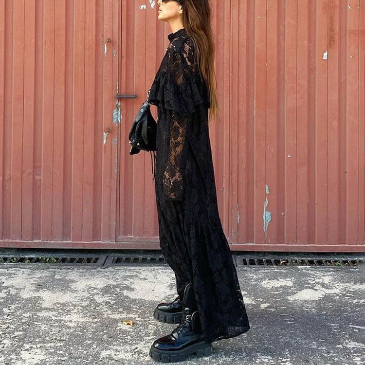 Sheer Lace Long Sleeve A-Line Maxi Dress