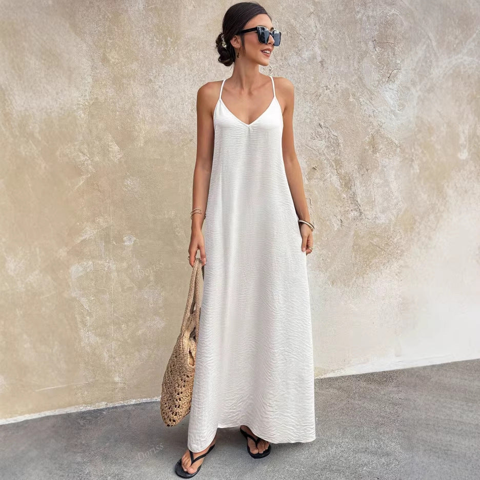 V-Neck Backless Sleeveless A-Line Midi Dress