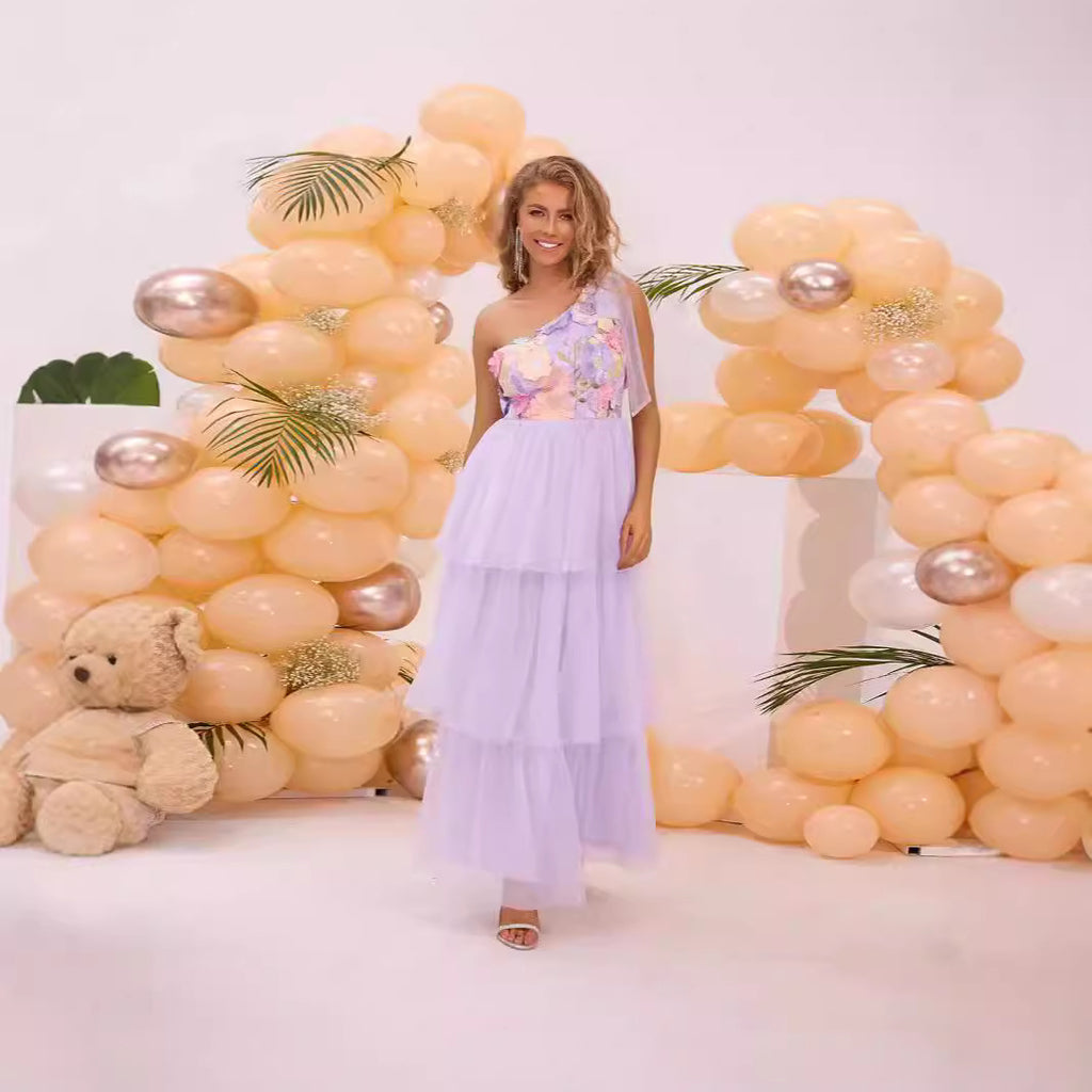 Women's Lavender Floral One-Shoulder Tulle Dress