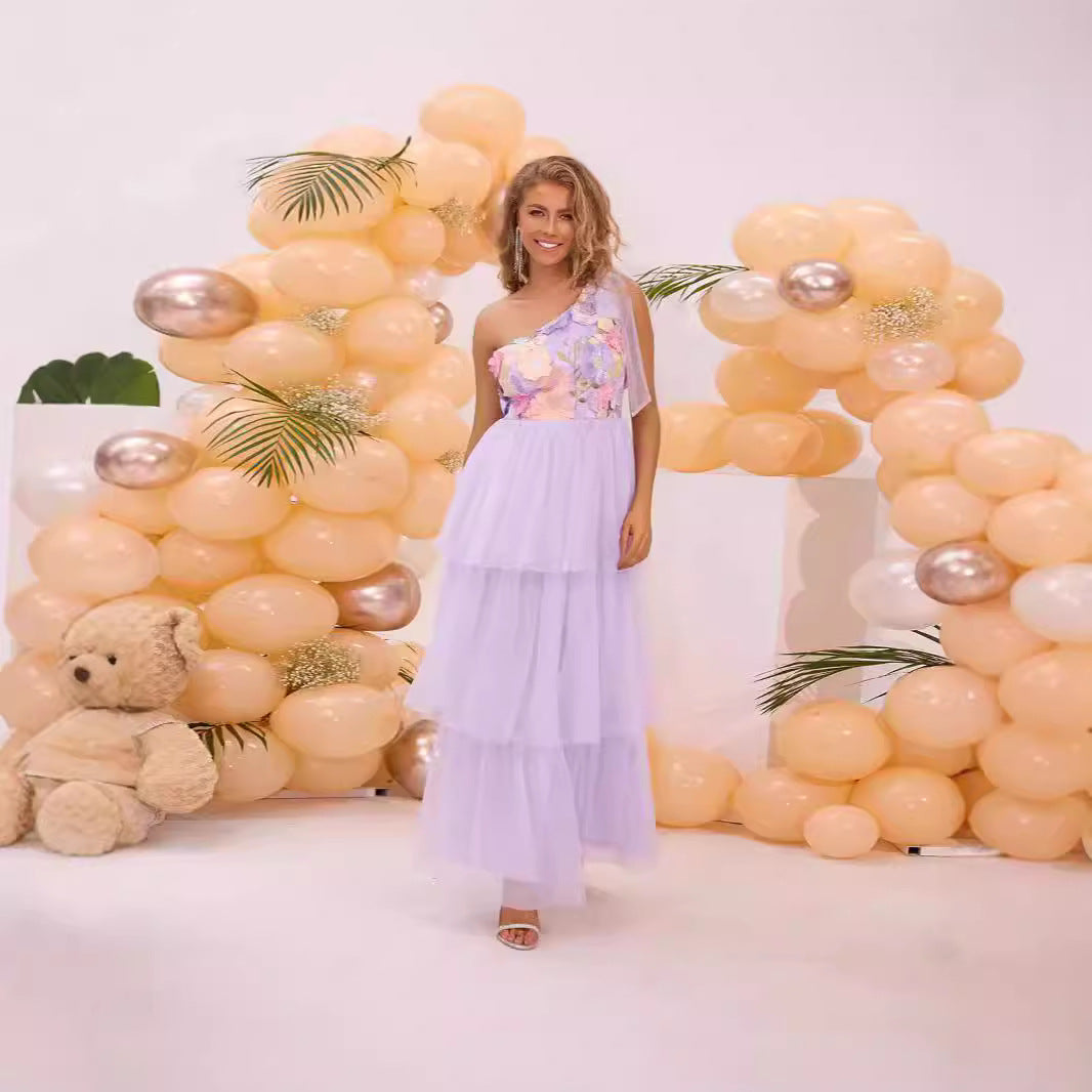 Women's Lavender Floral One-Shoulder Tulle Dress