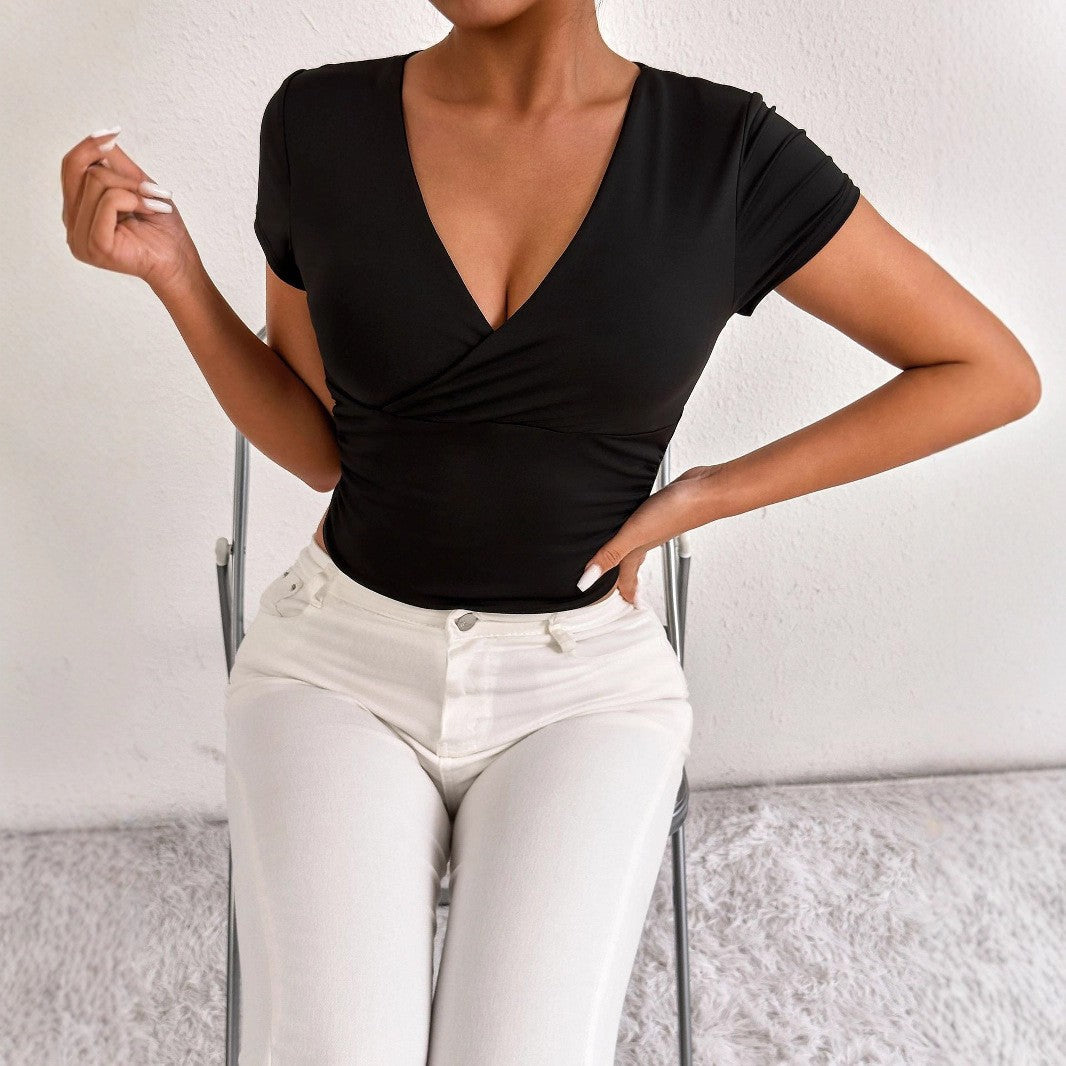 Women's V-Neck Ruched Short Sleeve Top