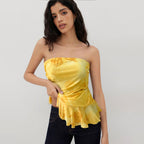 Women's Women’s Yellow Tie Dye Strapless Ruffle Top