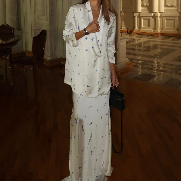 Collared Long-Sleeve Top & Long Skirt Set
