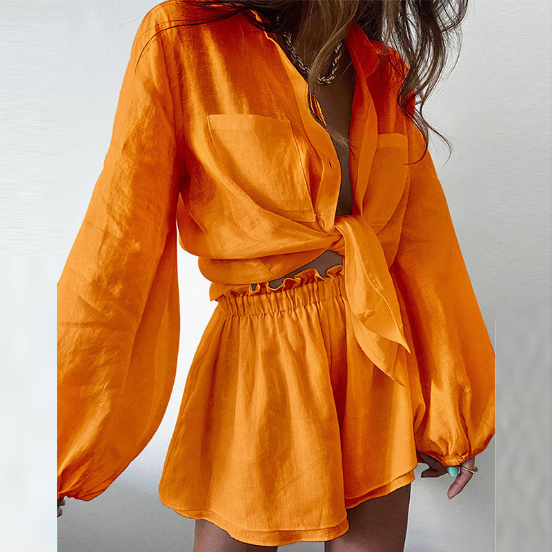 Women's Summer Women's Casual Solid Color Ruffles Shorts Long Sleeve Set