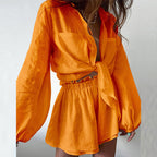 Women's Summer Women's Casual Solid Color Ruffles Shorts Long Sleeve Set