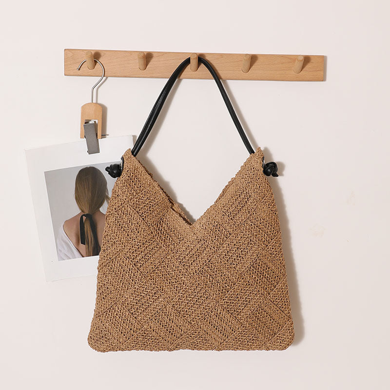 Shoulder Square Pattern Straw Bag Solid Color Woven Tote Seaside Beach Bag