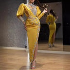Gold Wedding Satin Large Swing Trailing Cocktail Evening Dress