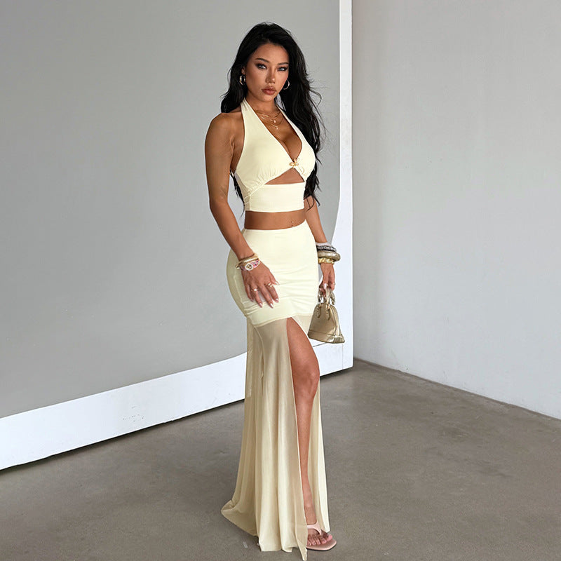 Women's Sexy Vacation Skirt Metal Floral Halter Top Skirt Sexy Set