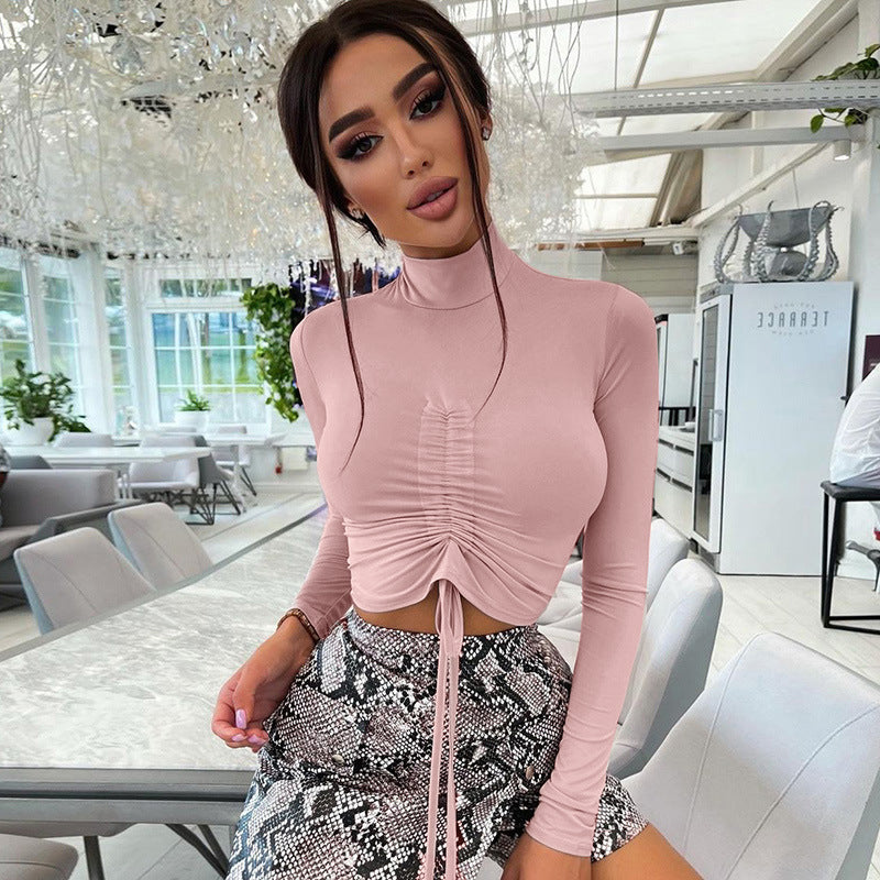 Women's Pleated Mock Neck Cropped Top