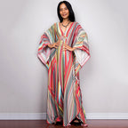 One-piece beach dress with multicolor vertical stripe pattern and V-neck kaftan fit