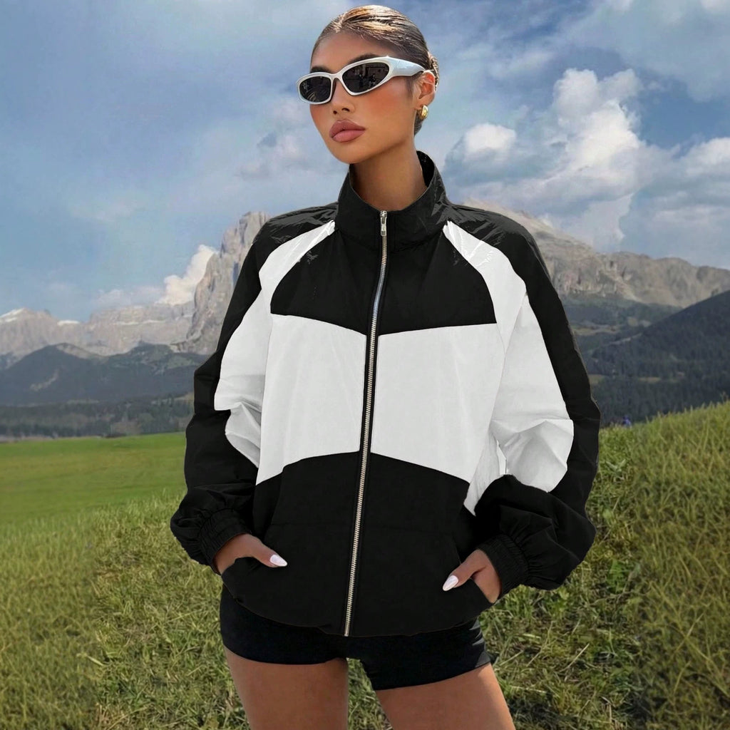 Autumn Winter Retro Color Stitching Stand Collar Color Contrast Patchwork Baggy Coat