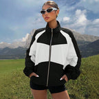Autumn Winter Retro Color Stitching Stand Collar Color Contrast Patchwork Baggy Coat
