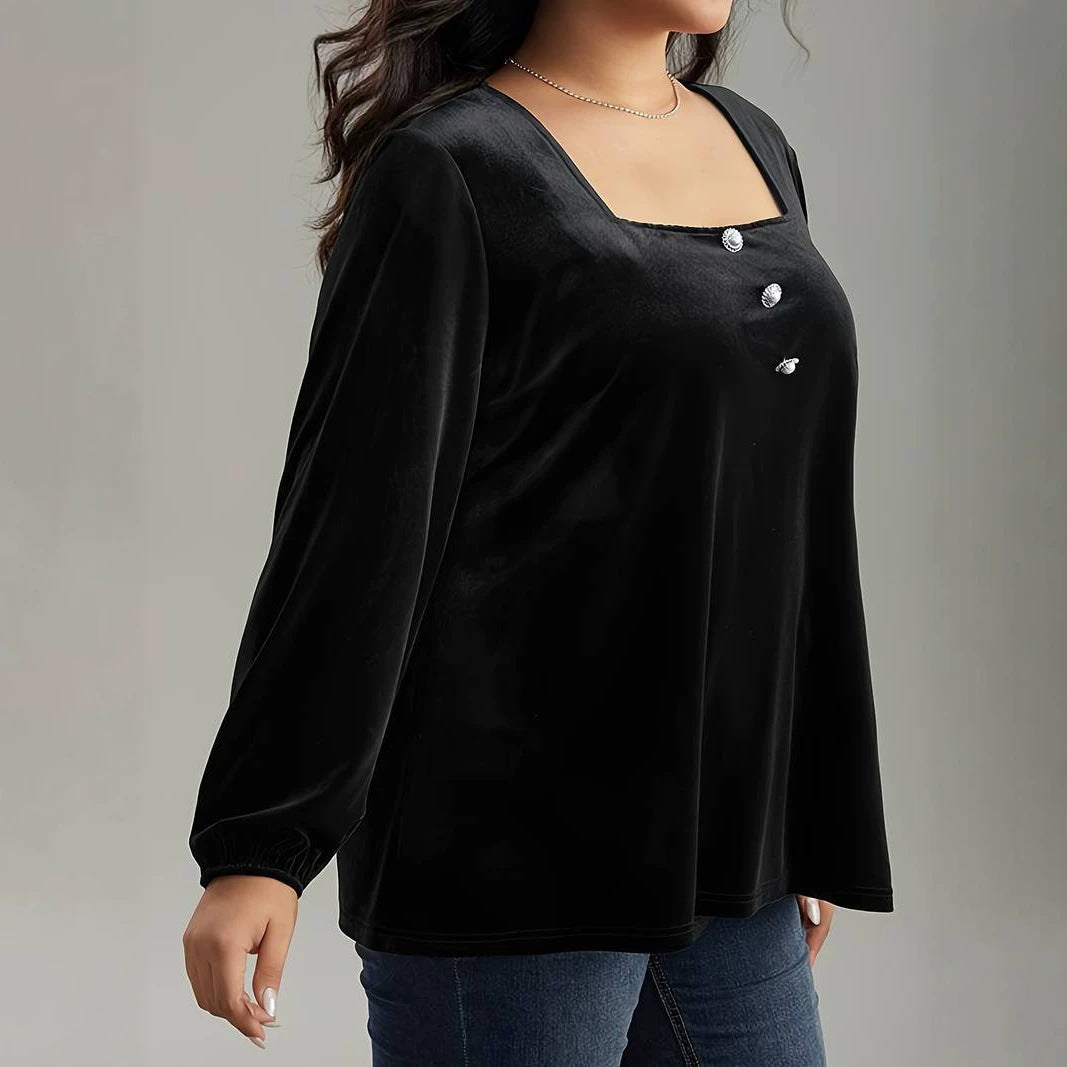 Plus Size Women Velvet Top Square Collar Lantern Sleeve Design Affordable Luxury Slim Looking Belly Covering Long Sleeve Top