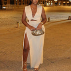 Women's V-Neck Asymmetric Cutout Ruched Split Maxi Dress