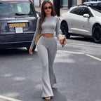 Autumn Winter Casual Set Girls Street Sunken Stripe Round Neck Slim