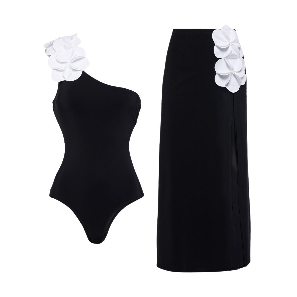 Black one-piece swimsuit and matching skirt, each with white flower shoulder applique