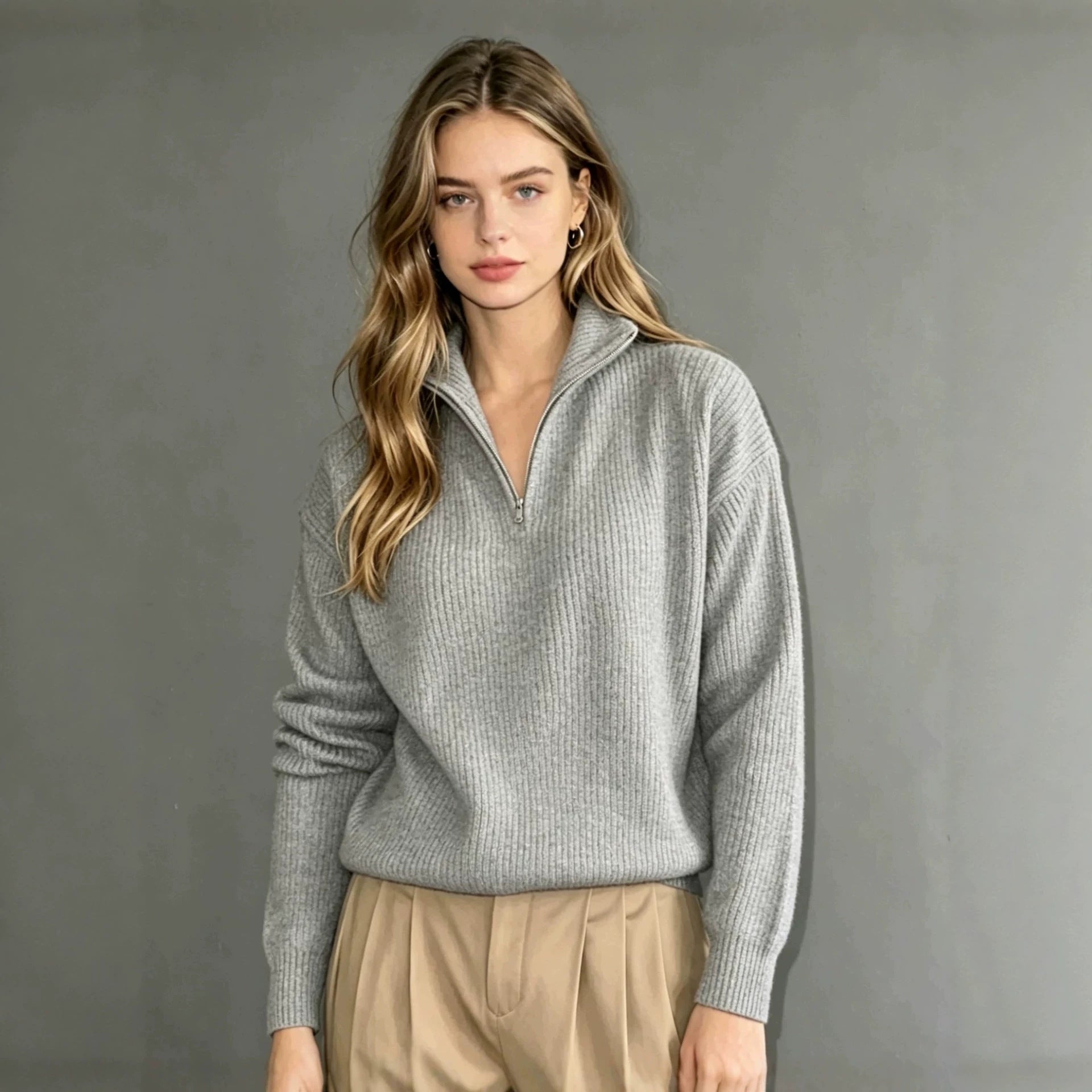 Women Clothing Casual Half Zipper Sweater V neck Long
