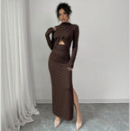 Women's Long Sleeve Split Slim-Fit Midi Dress
