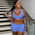 Spring Summer Thread Halter Cut Out Rope Vest Fold High-Waisted Short Set