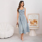 Distressed Denim Button Maxi Dress