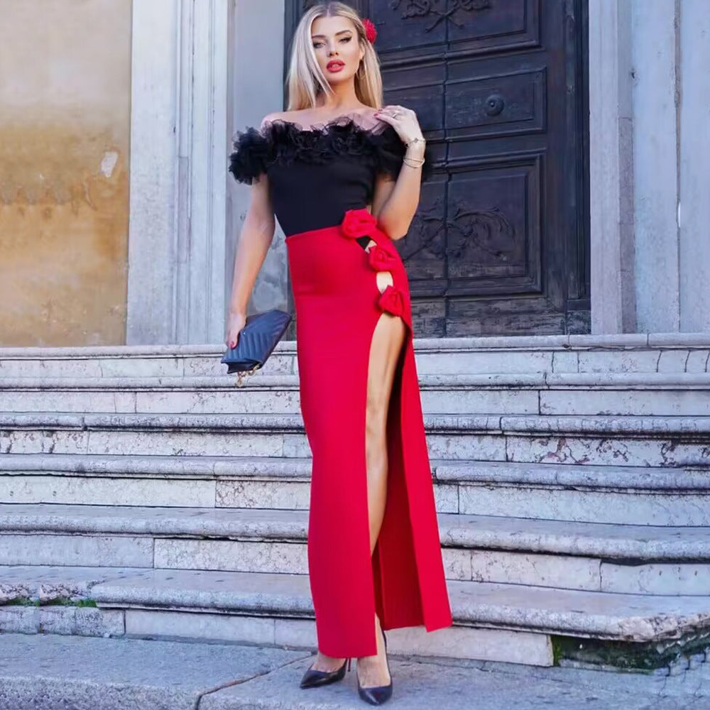 Three Dimensional Floral Bandage Split Long Skirt