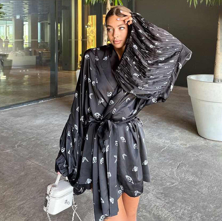 Butterfly Print Dress Puff Sleeve Lace up