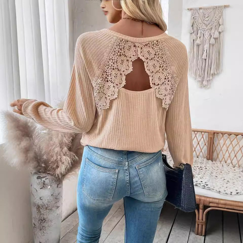 Women's Women Back Stitching Lace Lace Cutout Raglan Sleeve Long Sleeve T Shirt Top For Women