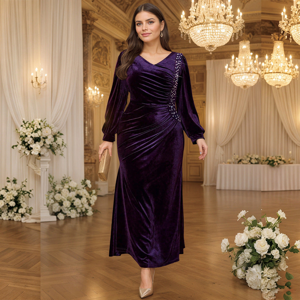 Plus Size Heavy Duty Velvet Lantern Sleeve V neck Tight Waist Fishtail Dress Dinner Light Luxury Dress