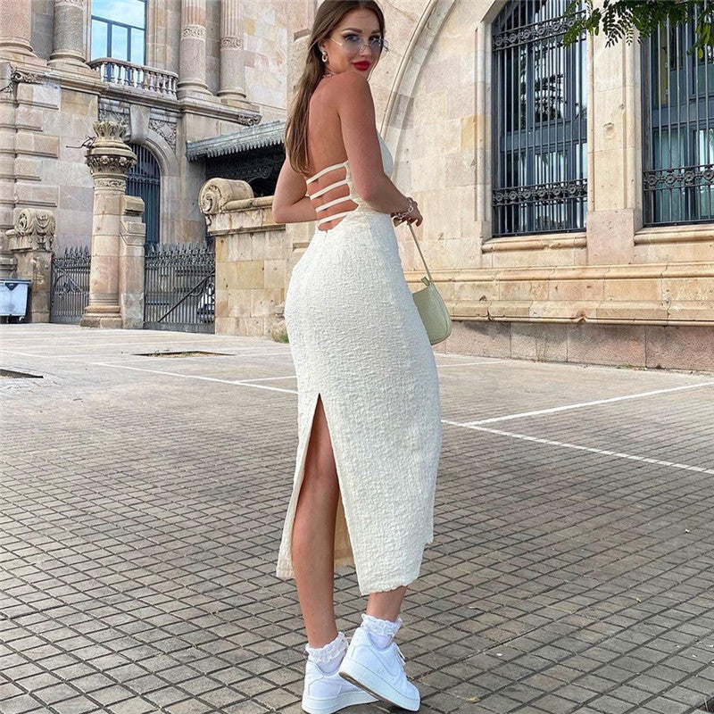 Low Cut V-Neck Hollow Out Cutout Backless Halter Lace Up Dress