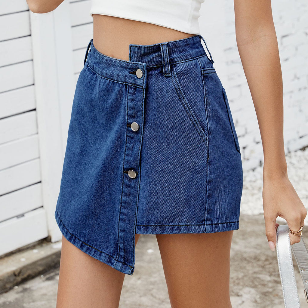 Summer Washed Button Decoration Irregular Asymmetric Skirt