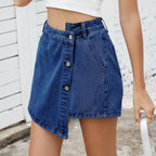 Summer Washed Button Decoration Irregular Asymmetric Skirt