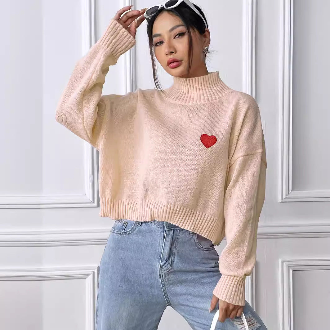 Women Short Top Clothing Turtleneck Pullover Loose Love Stickers Casual Bottoming