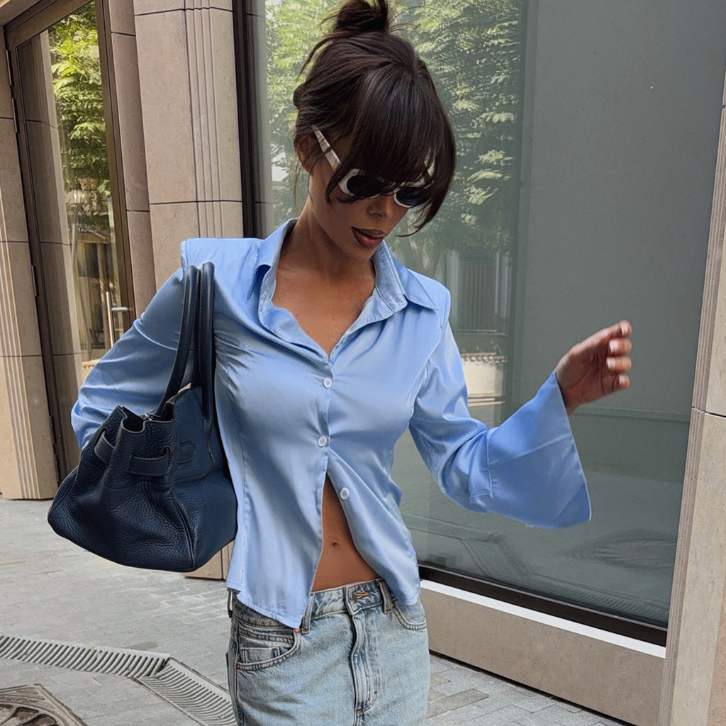 Office Graceful Fashionable Satin Long Sleeve Turn down Collar Blue Top Lightly Mature Elegant Casual Lazy Sense Shirt