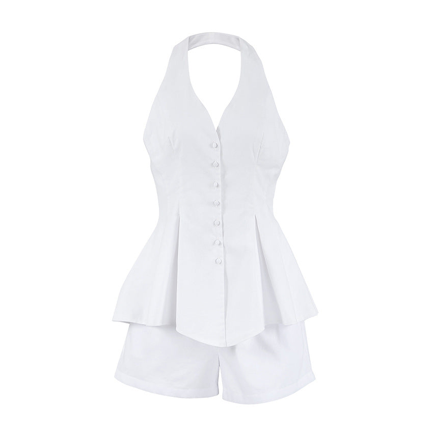 Summer Halter Sleeveless Backless Cardigan Top High Waist Comfort Shorts Two Piece Casual Cotton Set