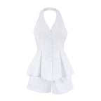 Summer Halter Sleeveless Backless Cardigan Top High Waist Comfort Shorts Two Piece Casual Cotton Set