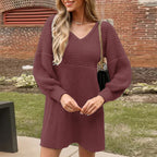 V-Neck Long-Sleeve Wool-Look Dress
