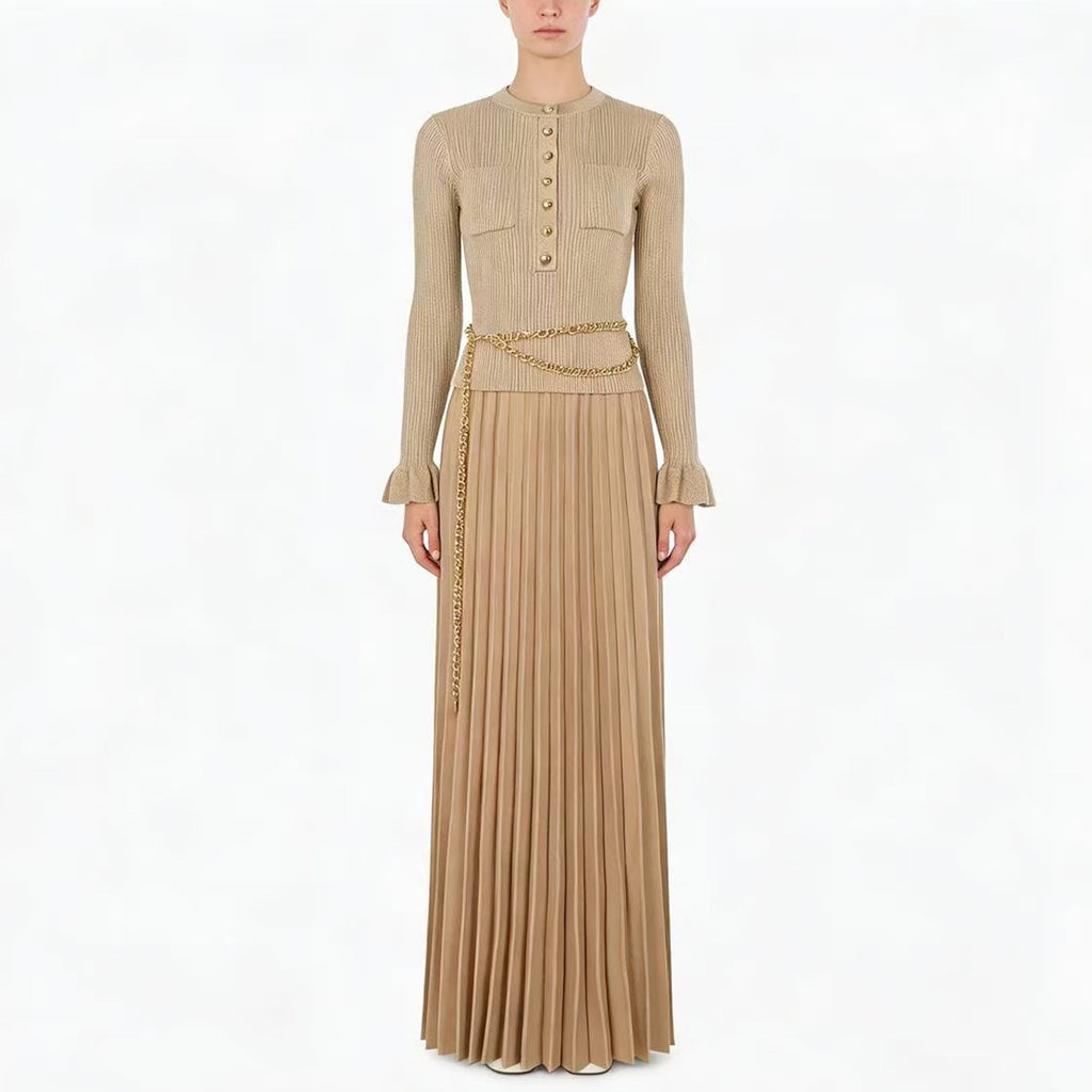 Women's Knit Pleated Long-Sleeve Top and Skirt Two-Piece Set