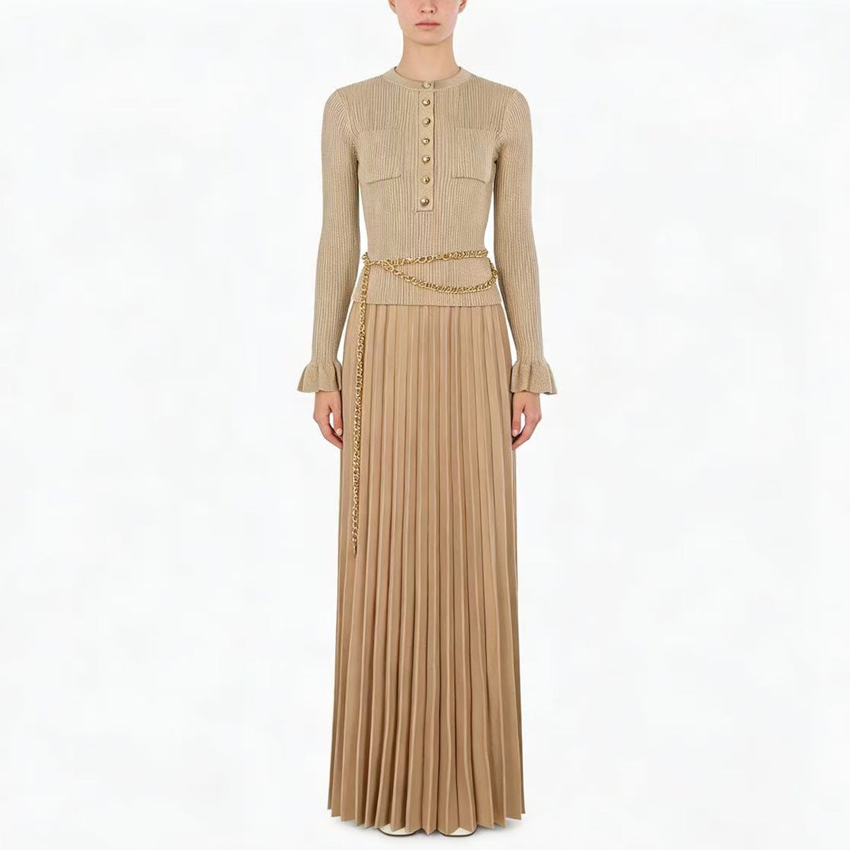 Women's Knit Pleated Long-Sleeve Top and Skirt Two-Piece Set