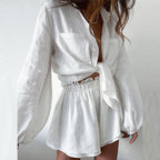 Women's Summer Women's Casual Solid Color Ruffles Shorts Long Sleeve Set