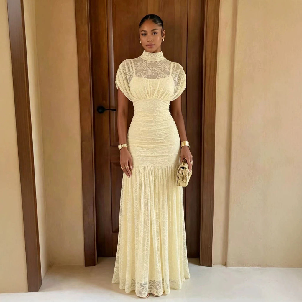 's Popular Solid Color Sheath Mesh Stitching Dress Maxi Dress