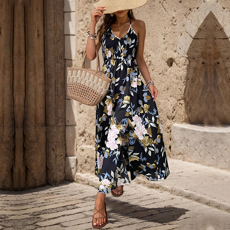 Women's Black Backless Split A-Line Maxi Dress