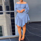 Slim Fit Solid Color Lace Band Elastic Off-Shoulder Lantern Sleeve Dress