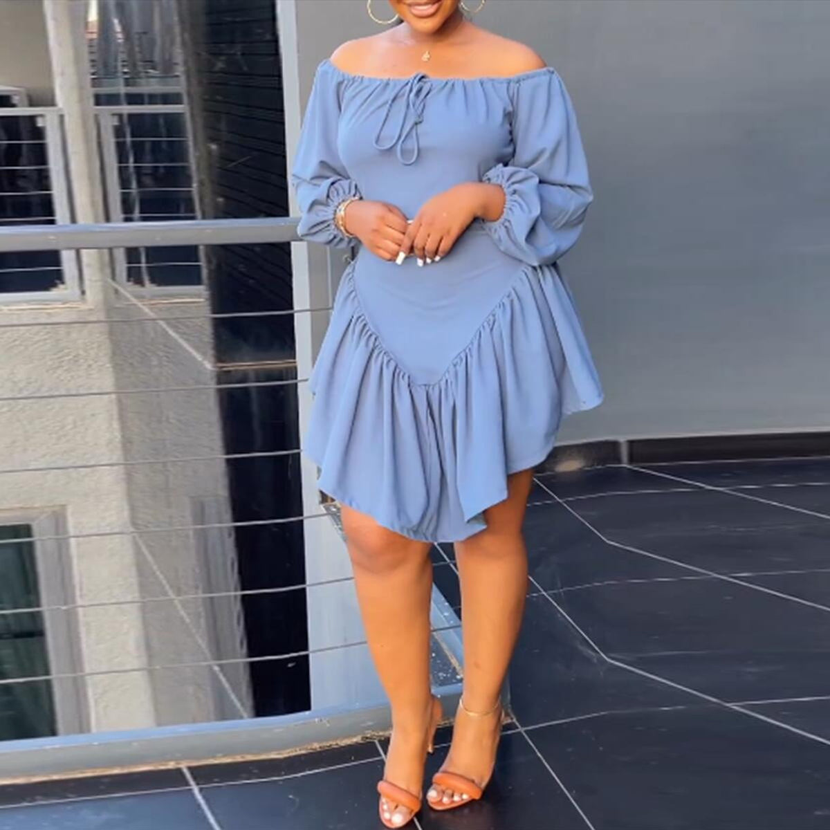 Slim Fit Solid Color Lace Band Elastic Off-Shoulder Lantern Sleeve Dress