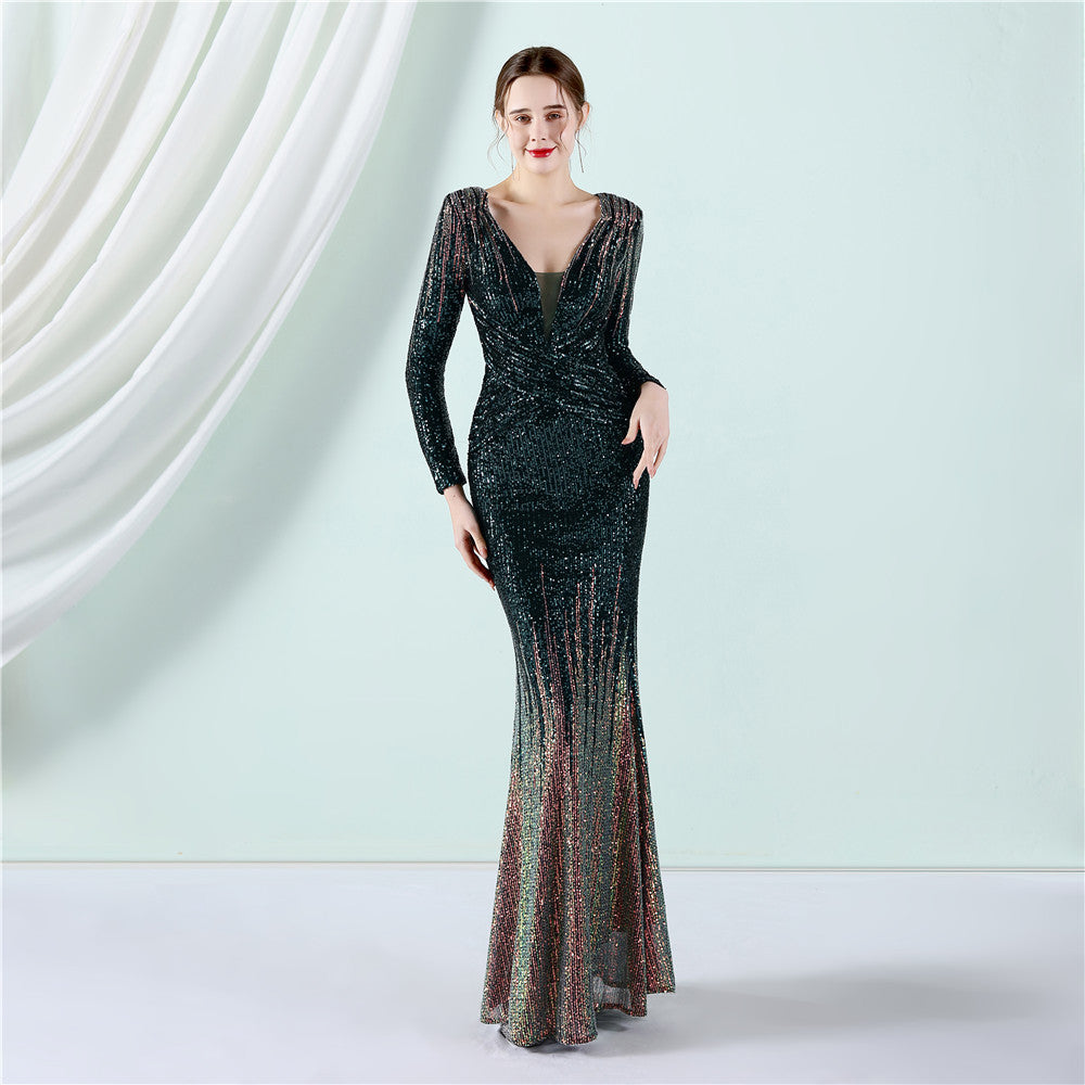 Women's Gradient Sequin Long Sleeve Evening Dress Long Sequin Dress Toast