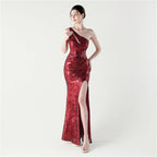 Women's One Shoulder Sequin Cutout Slit Maxi Dress