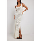 White knit maxi dress with textured pattern, scoop neckline, and spaghetti straps