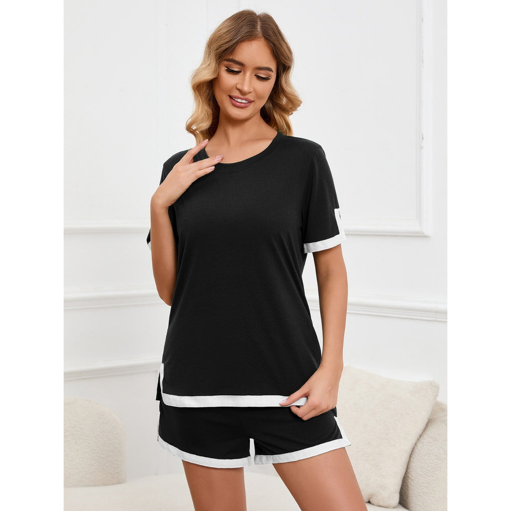 Real Shot Elegant Contrast Color Split Short Sleeve Sweater Solid Color Shorts Home Wear Set Women
